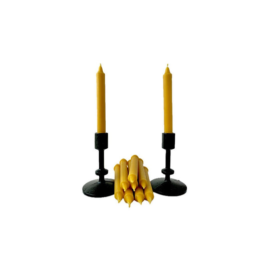 Six All Natural Pure Beeswax Taper Candle Gift Set With Two Cast Iron Candle Holders